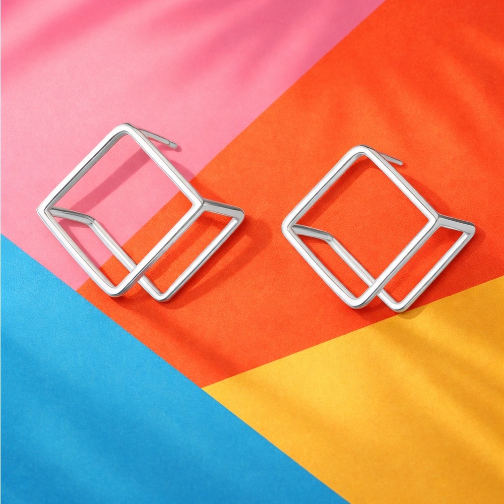 Silver Geometric Square 3D Earrings